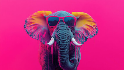 Elephant with sunglasses and paint splatter on pink background