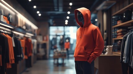 person in orange hoodie standing in clothing store