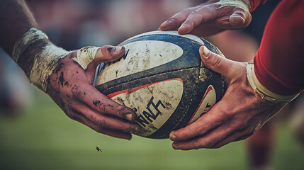 close-up of a rugby ball being passed between players, with the players' hands and expressions in sharp focus, conveying teamwork and intensity