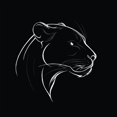 Simple vector line drawing of an elegant lion using white lines on a black background in a minimalist and modern style