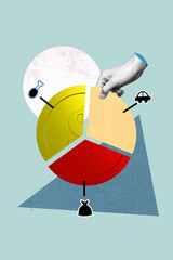 Vertical photo collage of divided dollar coin money distribution month budget profit auto bag food...