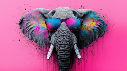 Elephant with sunglasses and paint splatter on pink background