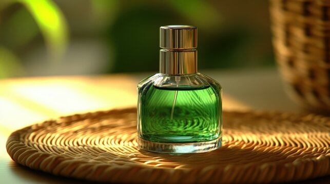 Elegant green glass perfume bottle on wicker mat