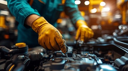 Close-up of Mechanic's Hand Working on a Car Engine