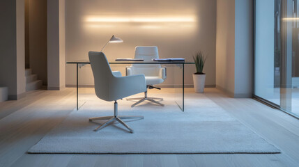 Sleek minimalist home office design, glass desk, white ergonomic chair, soft grey rug, ambient lighting, serene atmosphere