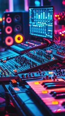 Obraz premium Vibrant music studio setup showcasing synthesizers, mixers, and colorful LED lights for an immersive audio experience.