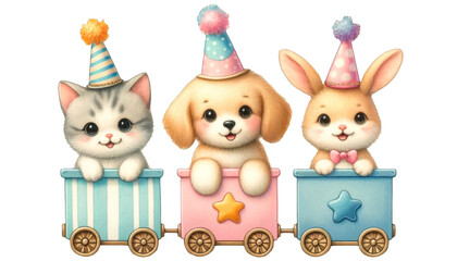 Cute cat dog, and rabbit on circus train 