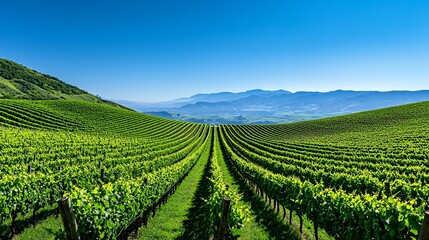 Vineyard with plenty of grapevines set under a blue sky.