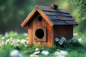 Adorable Wooden Birdhouse in a Garden Setting