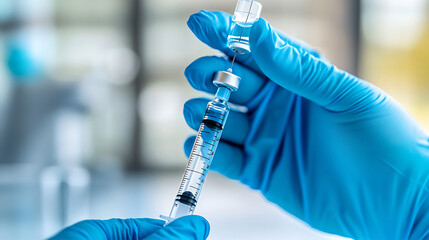 close-up of hands wearing blue latex gloves, holding a syringe filled with a clear liquid, against the backdrop of a medical examination room