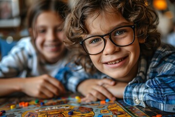 Fototapeta premium Two kids are engaged in a fun board game at a cozy cafe. One child, wearing glasses, smiles brightly, while the other leans in, both clearly enjoying their time together
