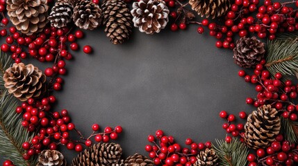 A cozy Christmas frame of red berries and pine cones arranged along the top and bottom edges, leaving the middle open for festive text or greetings.