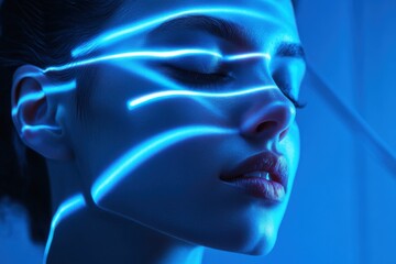 Fototapeta premium Ethereal Portrait with Neon Blue Light Stripes on Woman's Face