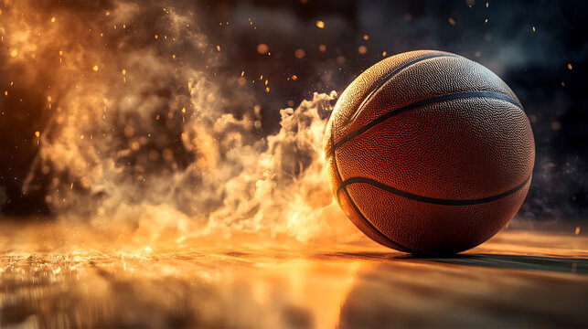 close-up shot of a basketball on a wooden court, showing the texture of the ball and the intensity of the game