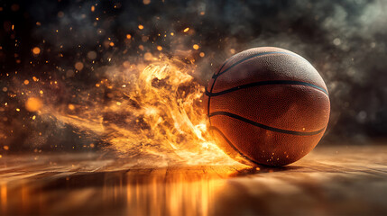 Fototapeta premium close-up shot of a basketball on a wooden court, showing the texture of the ball and the intensity of the game