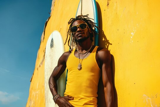 Surfer with dreadlocks and sunglasses standing in front of a yellow wall