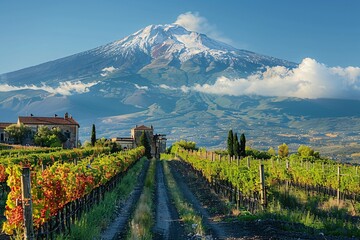 Lush vineyards stretch towards the base of Mount Etna, with its snow-capped peak visible in the distance under a bright blue sky. The scene captures the beauty of nature and winemaking