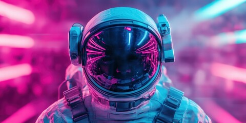Astronaut in vibrant spacesuit exploring futuristic landscape