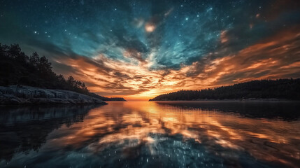 A serene sunset over an archipelago, stars beginning to appear in the evening sky, their soft glow reflected on calm waters. Rocky shores and forests frame the tranquil scene.