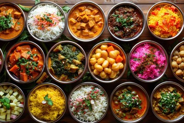 Image of An assortment of various Indian curries and side dishes displayed in round bowls, showcasing the rich and diverse flavors of Indian cuisine.
printed on Printed Glass Splashbacks