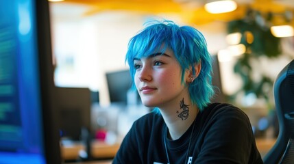 young person with vibrant blue hair in a thoughtful expression