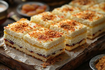Layered cream and coconut cakes topped with toasted coconut flakes, arranged on a wooden serving board, creating a tempting dessert selection.

