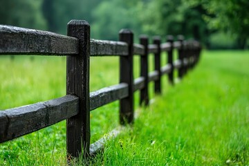 Fototapeta premium A wooden fence post in a field of green grass
