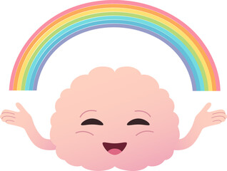 Happy healthy brain character with rainbow vector illustration. Mental health concept with mascot showimg positive emotion.