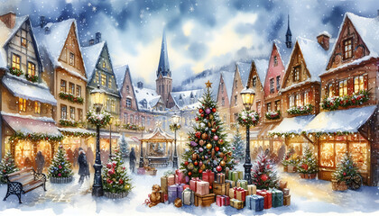 Christmas town in winter, watercolor painting
