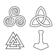 Pagan symbol set. Valknut, triquetra and celtic infinity sign. Thor hammer mjolnir. Nordic culture logo. Vector illustration image.
