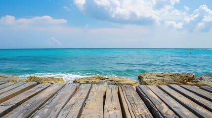 Calm sea horizon view from a weathered wooden platform, evoking tranquility