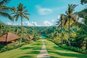 Obraz premium Stone Path Leading Through Lush Tropical Landscape with Palm Trees and a Lagoon in the Distance