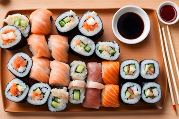 A colorful plate of sushi rolls with varieties like california rolls spicy tuna rolls, Ai Generated