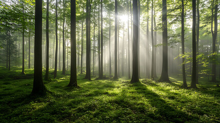 Obraz premium lush green forest landscape in the morning mist, with tall trees and sunlight filtering through the canopy