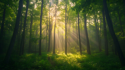 Fototapeta premium lush green forest landscape in the morning mist, with tall trees and sunlight filtering through the canopy