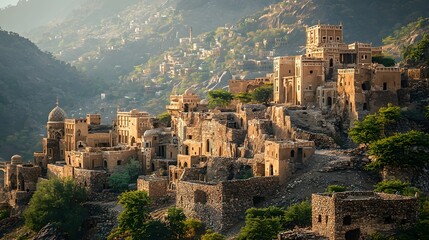 Obraz premium A breathtaking view of ancient stone architecture nestled in a mountainous landscape.