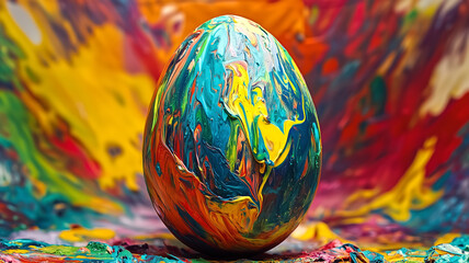 A vibrant abstract Easter egg, splattered with bright colors and