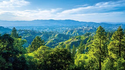 Obraz premium Vibrant green hills and blue skies over a cityscape, showcasing nature's beauty.