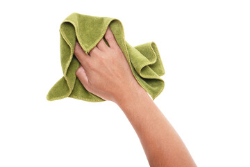Hand holding green duster microfiber cloth used for cleaning isolated on white background