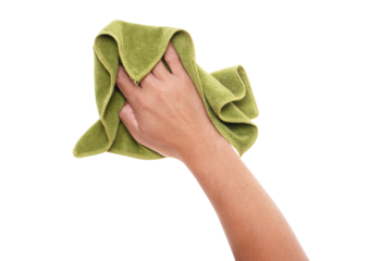 Hand holding green duster microfiber cloth used for cleaning isolated on white background