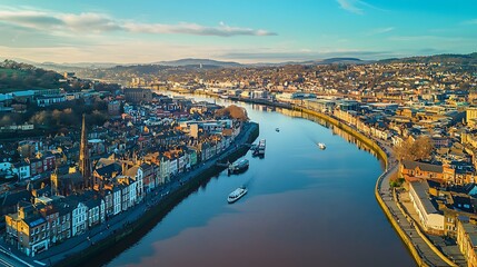 Aerial view of a serene riverside town during sunset.