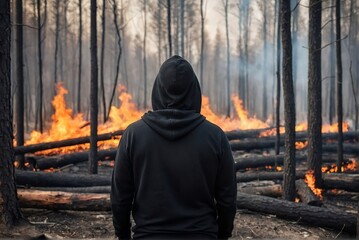 Back view of a person standing against the burnt forest with copy space. Wildfire or Forest Fire Problem.