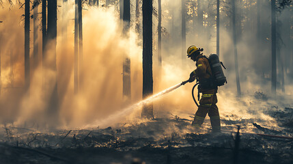Naklejka premium A firefighter battling a forest fire, spray water onto burning vegetation amidst smoke and trees, showcasing bravery and environmental protection efforts.