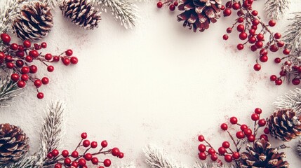 Festive Christmas frame of red berries and rustic pine cones with a blank, snowy background in the center for winter holiday messages.