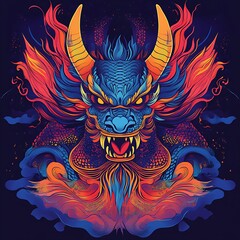 A fierce blue dragon with red and yellow flames, roaring with sharp teeth and glowing eyes.