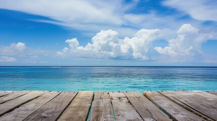Fototapeta premium Calm sea horizon view from a weathered wooden platform, evoking tranquility