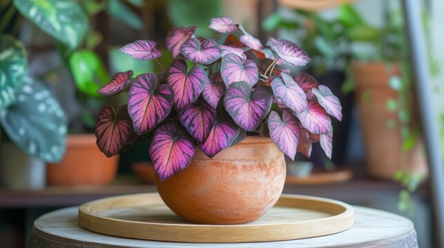 Vibrant purple caladium plant in terracotta pot