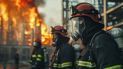 Fototapeta premium Brave firefighters in protective gear stand amidst a blazing inferno, showcasing courage and commitment to public safety in emergency situations.