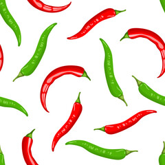 Seamless pattern with green and red chili pepper. Spicy spice background. Vector cartoon flat illustration.