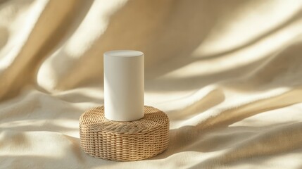 Naklejka premium minimalist white candle on woven rattan stand
